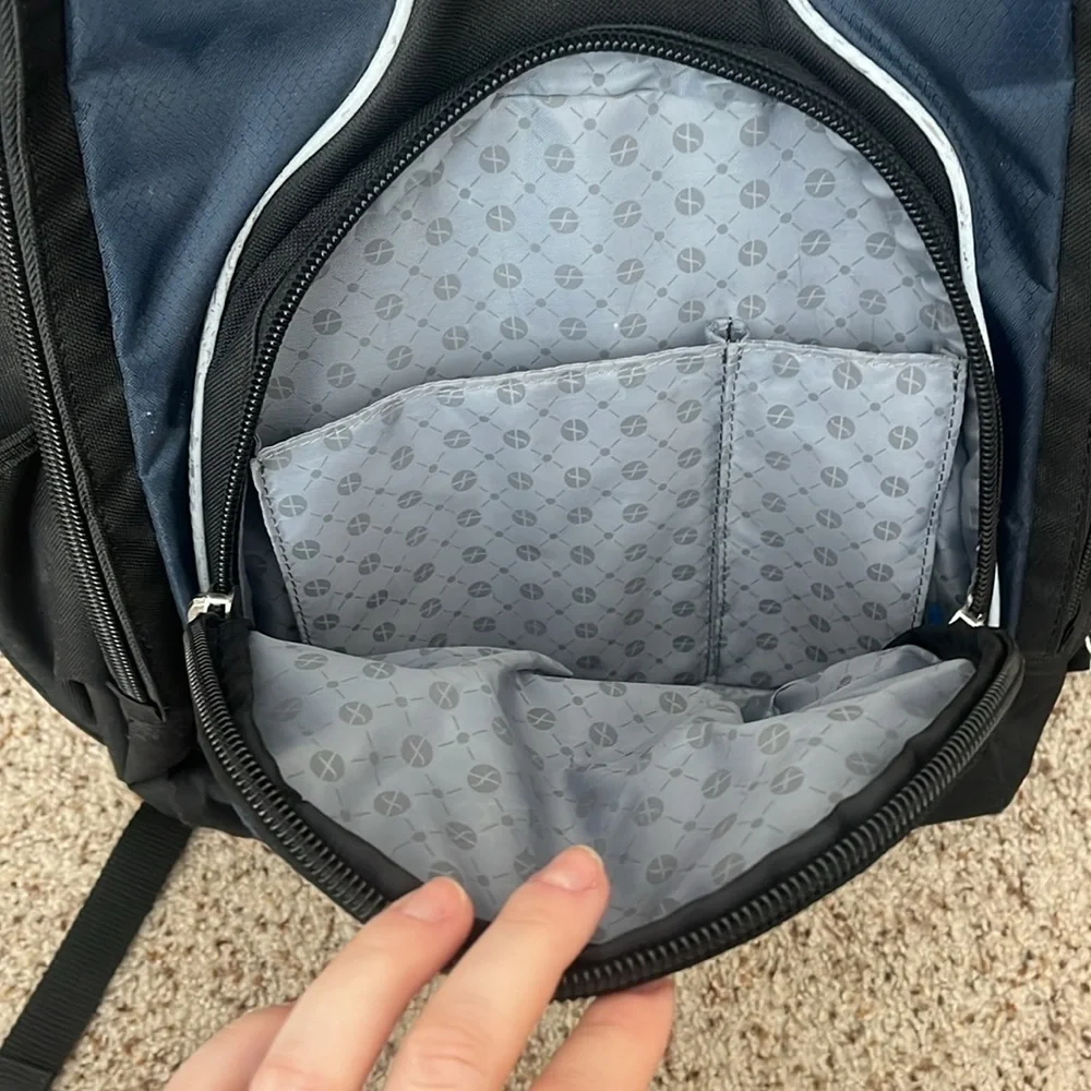 foray black and blue reflective laptop school backpack with many pockets